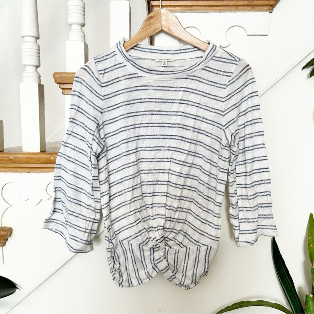 Max Studio Striped Twist Front Top 3/4 Sleeve Crewneck Pullover White Blue Sz S
